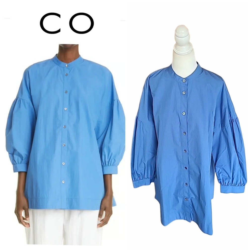 NWOT | CO | Gathered Button Up Poplin Blouse Bracelet Sleeves Cornflower Blue